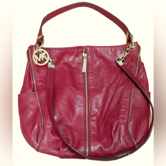Michael Kors Red Leather Zip Pocket Shoulder Hobo Bag Gold Hardware MK Logo - Picture 2 of 6